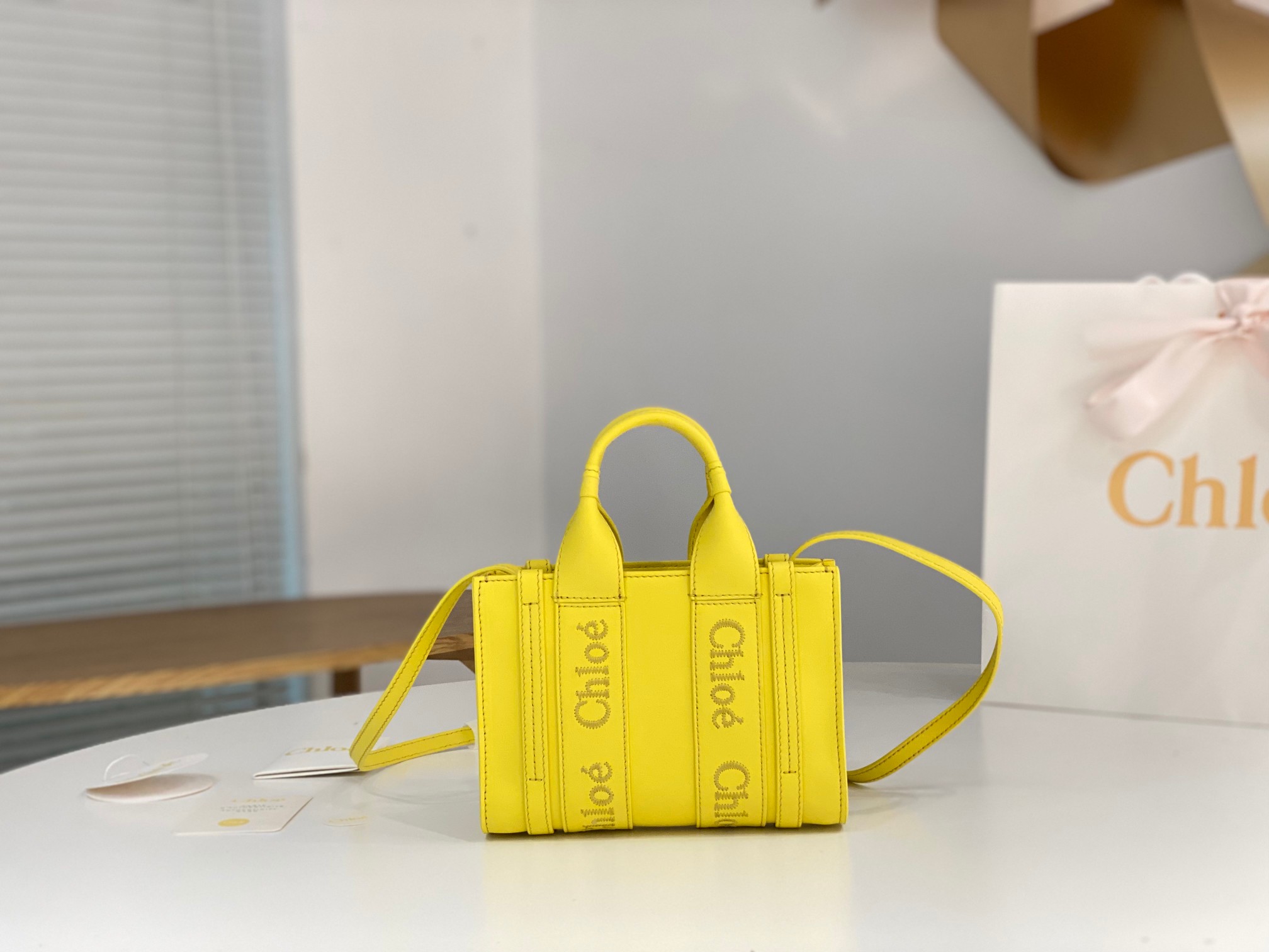 Chloe Mini Woody Tote Bag In Yellow Soft Smooth Calfskin Leather